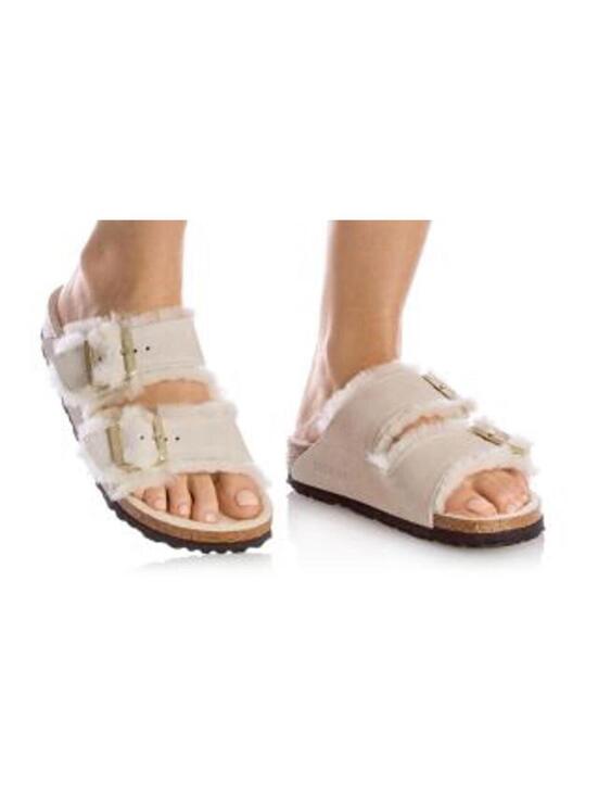 Birkenstock Shoes - BIRKENSTOCK Arizona Shearling Suede Sandals - Stone Coin - 40 / 8.5